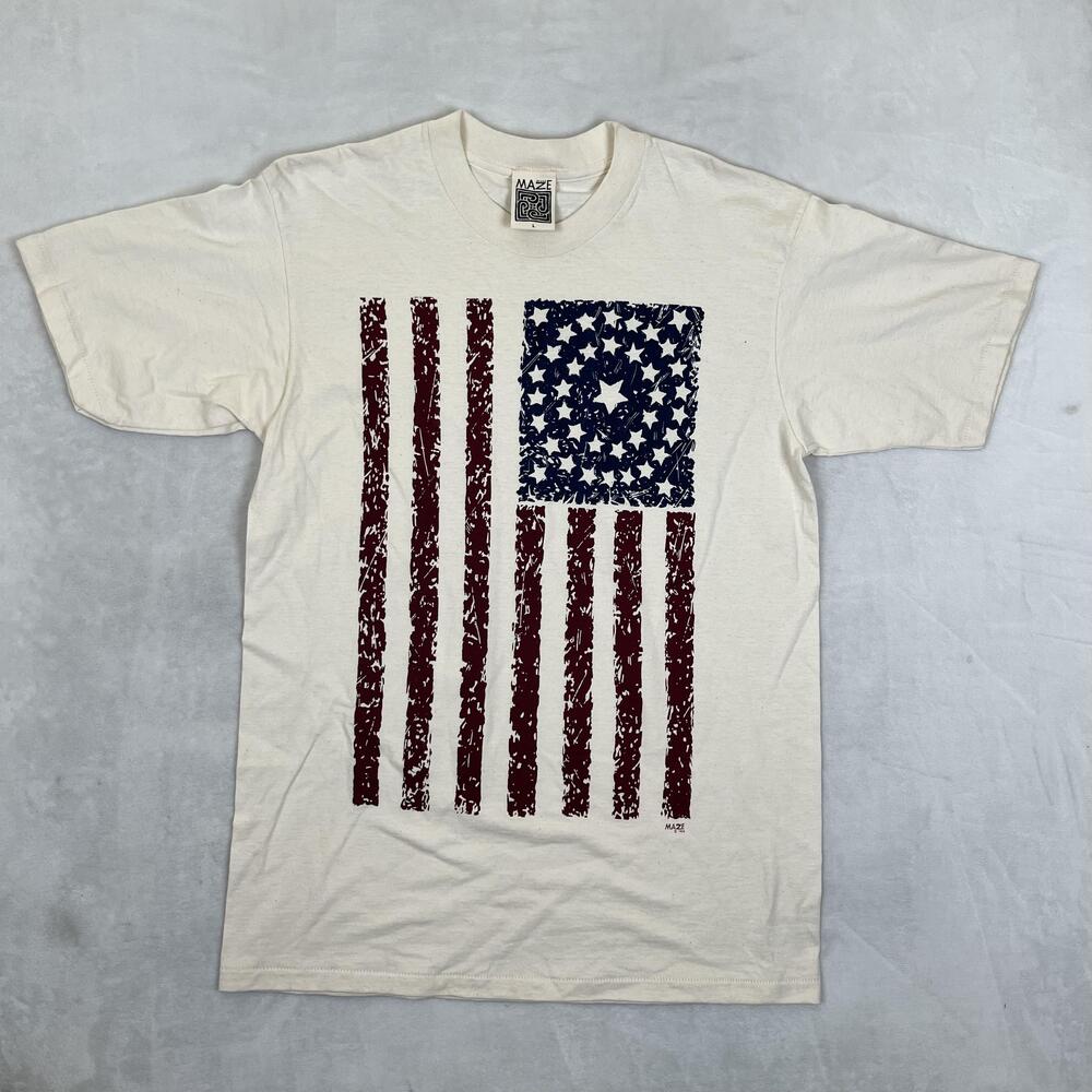 Vintage Maze American Flag T-Shirt Mens Large White 1994 USA Stars Single Stitch